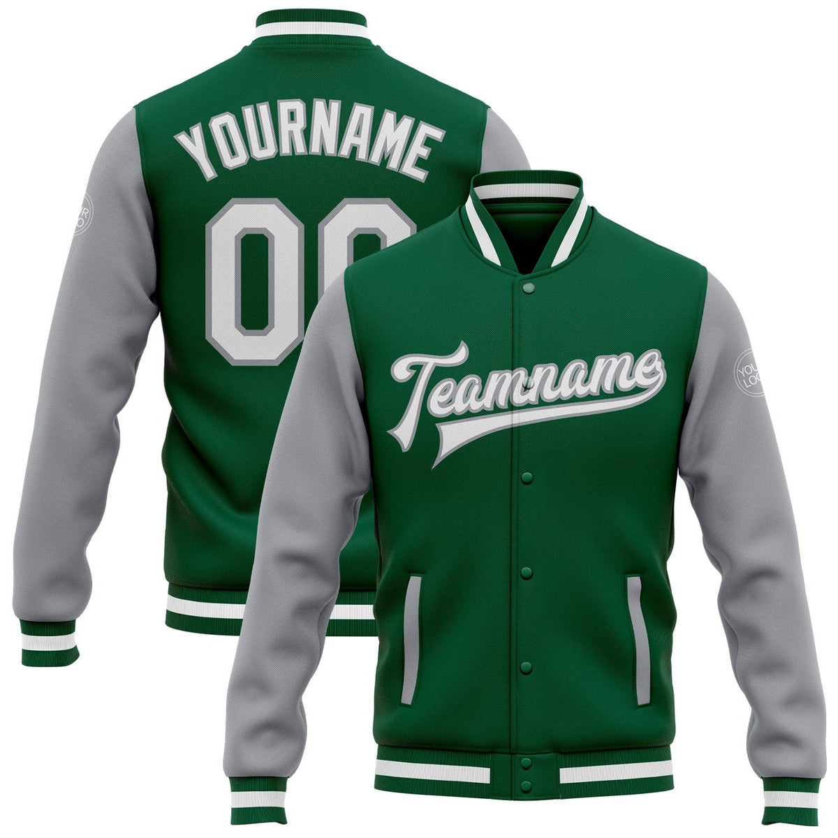 Custom Kelly Green White-Gray Bomber Full-Snap Varsity Letterman Two Tone Jacket photo 1
