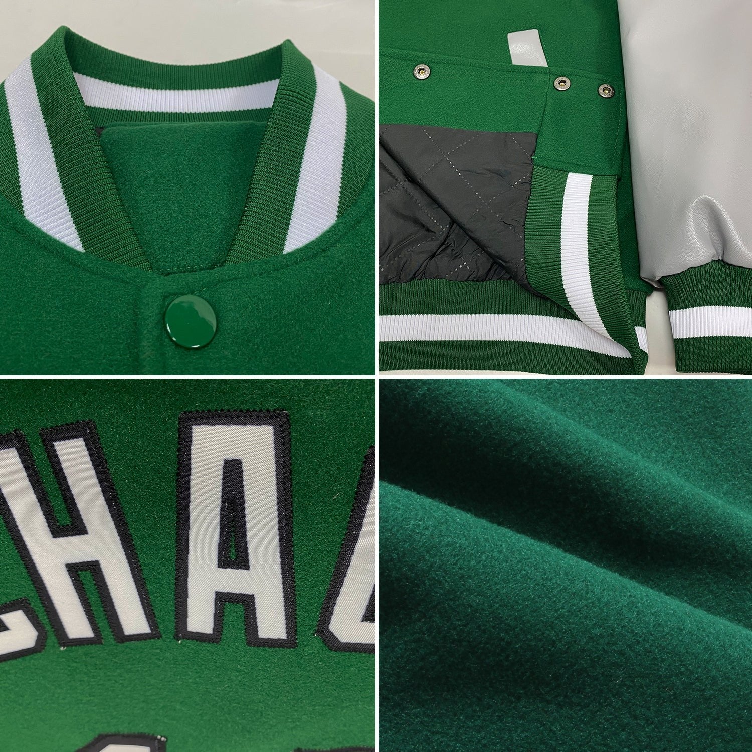 Custom Kelly Green White-Gray Bomber Full-Snap Varsity Letterman Two Tone Jacket photo 4