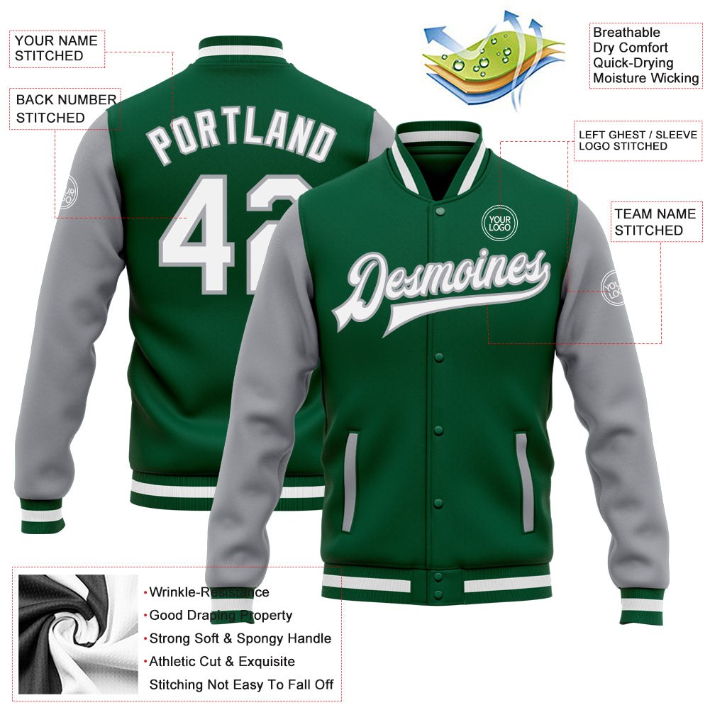 Custom Kelly Green White-Gray Bomber Full-Snap Varsity Letterman Two Tone Jacket photo 5