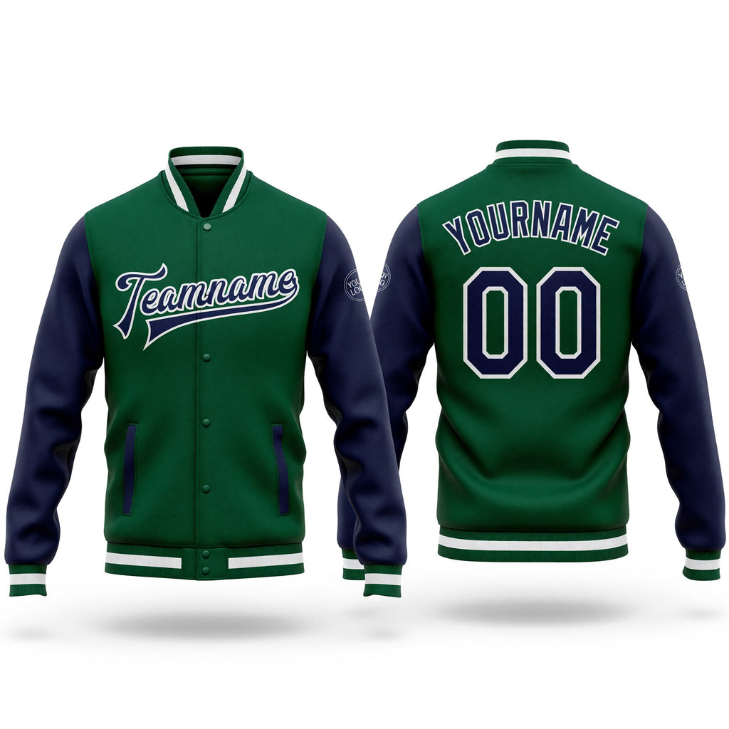 Custom Kelly Green Navy-White Bomber Full-Snap Varsity Letterman Two Tone Jacket