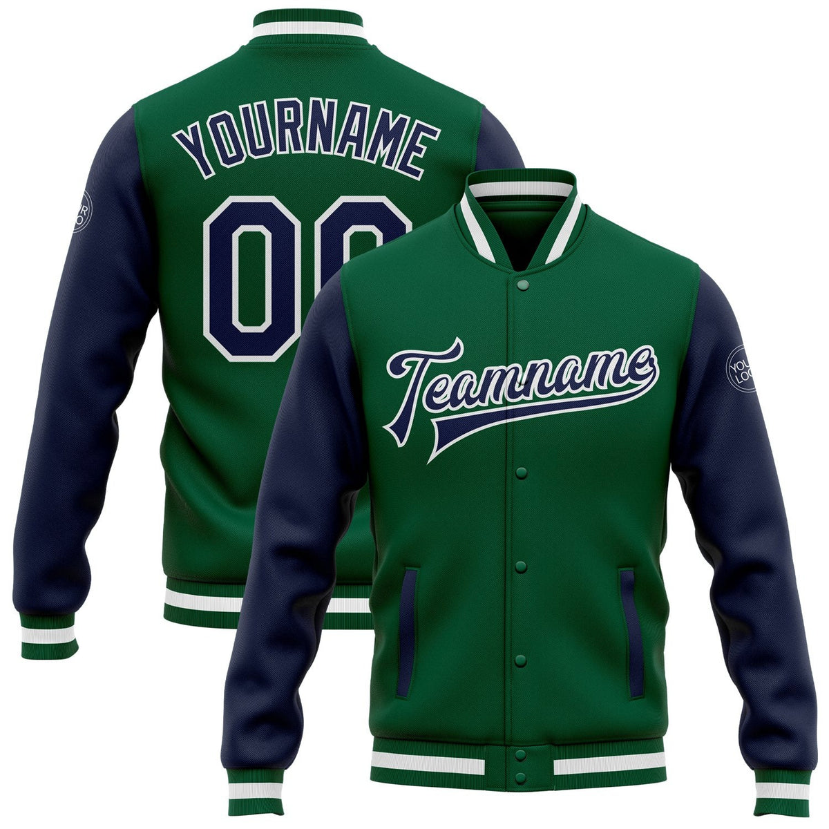 Custom Kelly Green Navy-White Bomber Full-Snap Varsity Letterman Two Tone Jacket photo 1