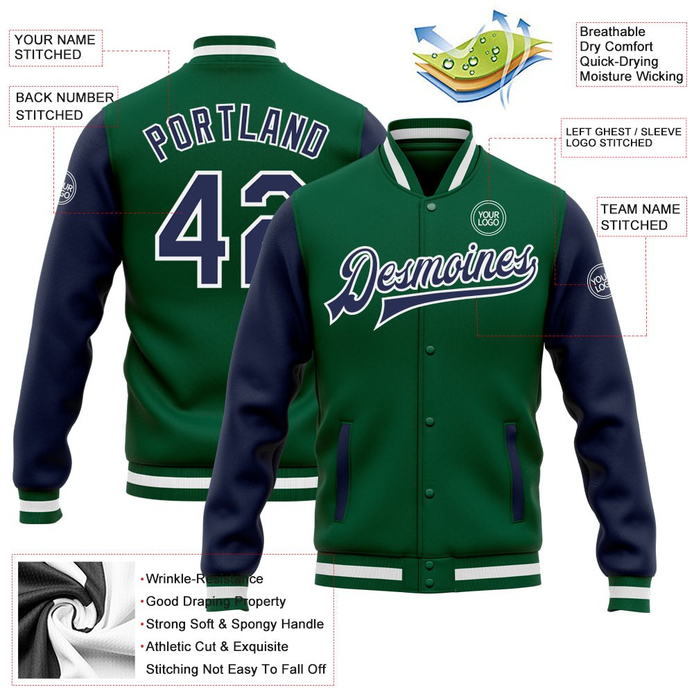 Custom Kelly Green Navy-White Bomber Full-Snap Varsity Letterman Two Tone Jacket photo 5