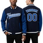 Custom Navy Royal-White Bomber Full-Snap Varsity Letterman Two Tone Jacket worn front and back
