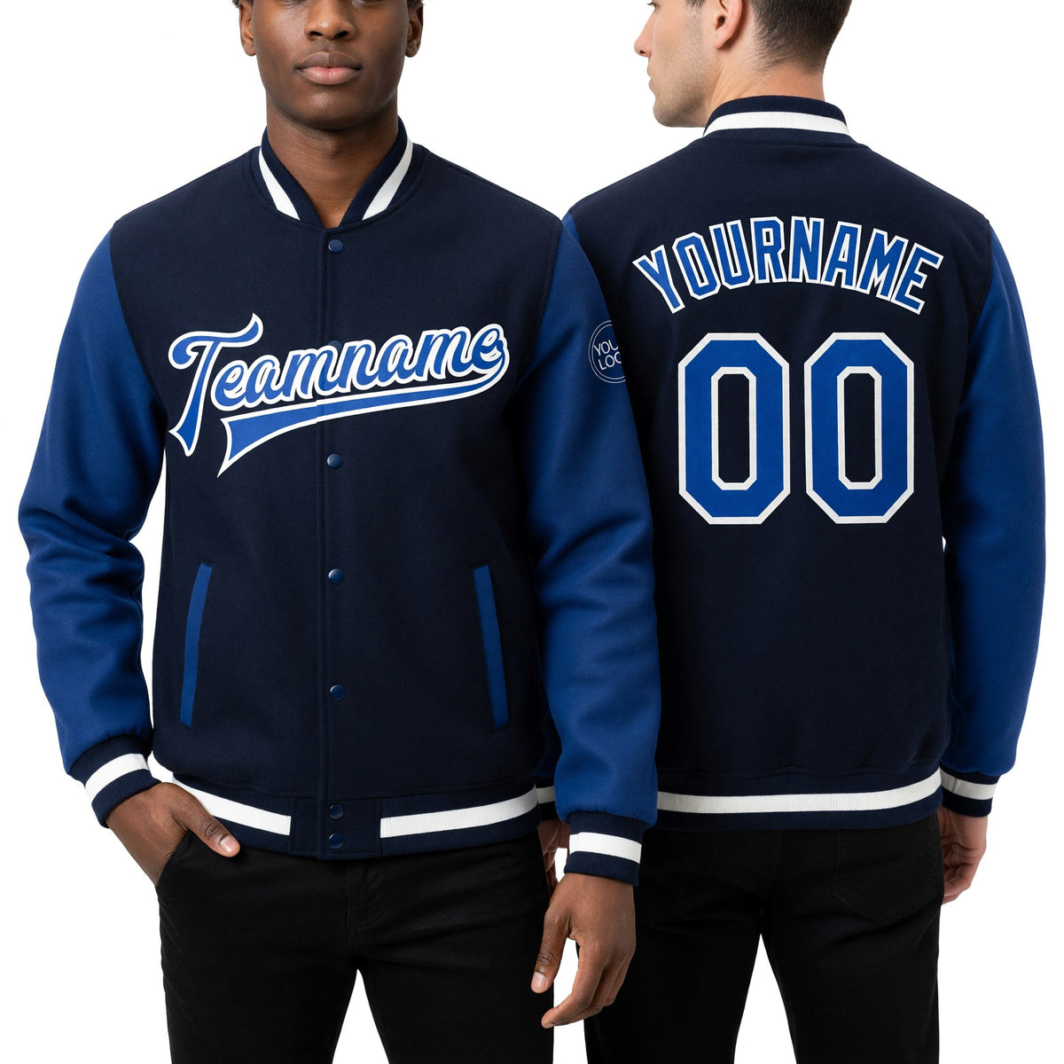 Custom Navy Royal-White Bomber Full-Snap Varsity Letterman Two Tone Jacket worn front and back
