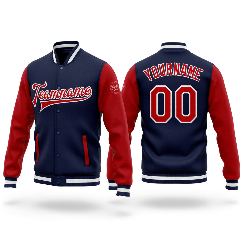Custom Navy Red-White Bomber Full-Snap Varsity Letterman Two Tone Jacket
