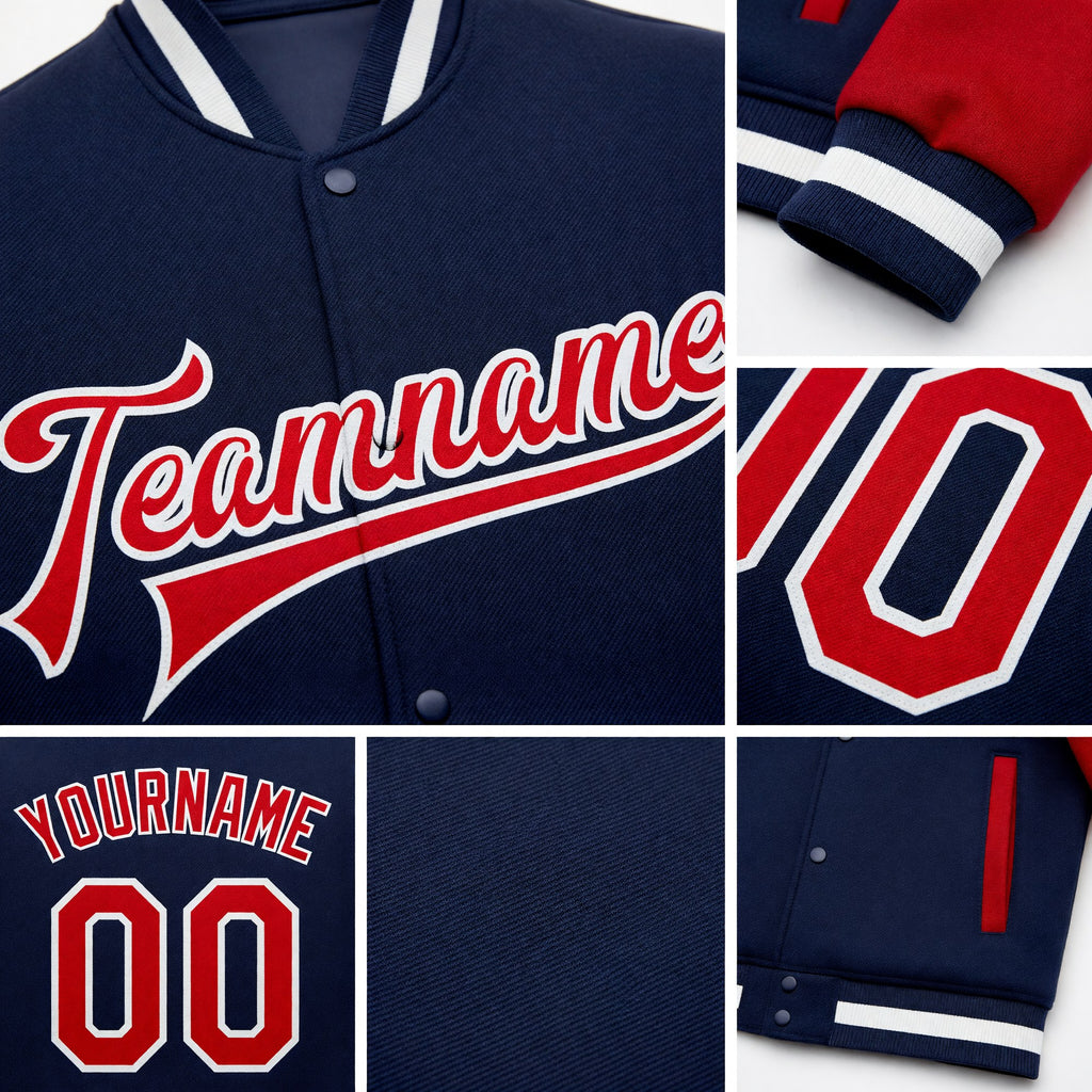 Custom Navy Red-White Bomber Full-Snap Varsity Letterman Two Tone Jacket detail