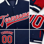 Custom Navy Red-White Bomber Full-Snap Varsity Letterman Two Tone Jacket detail