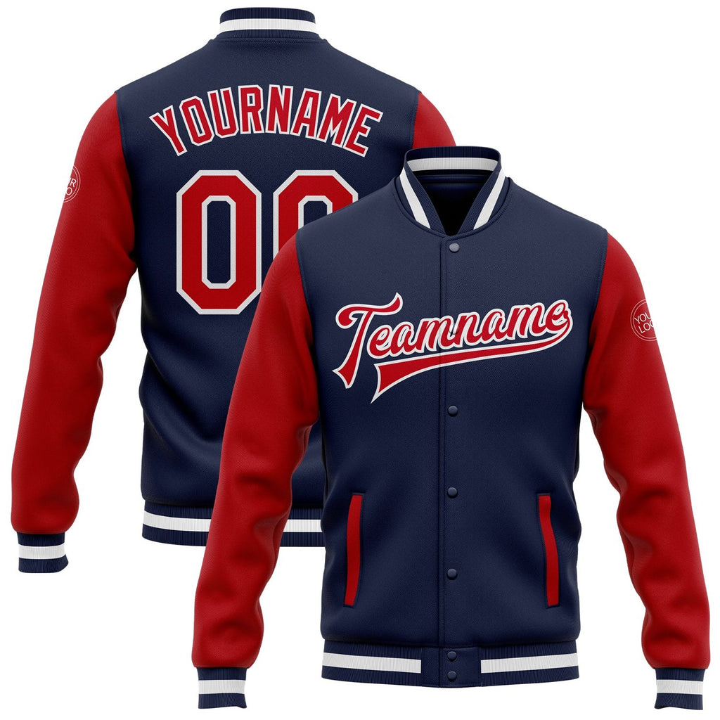Custom Navy Red-White Bomber Full-Snap Varsity Letterman Two Tone Jacket photo 1