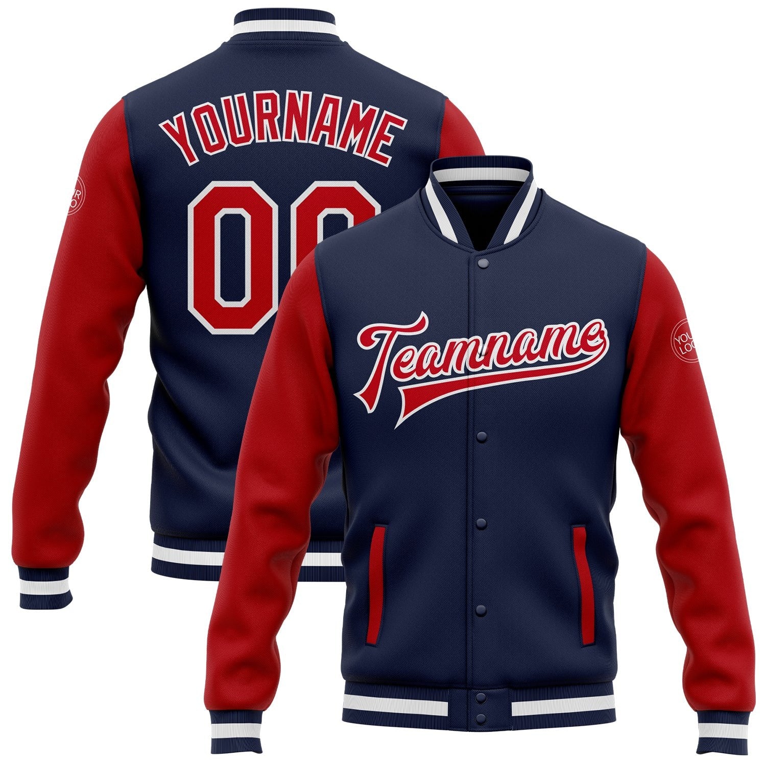 Custom Navy Red-White Bomber Full-Snap Varsity Letterman Two Tone Jacket photo 1