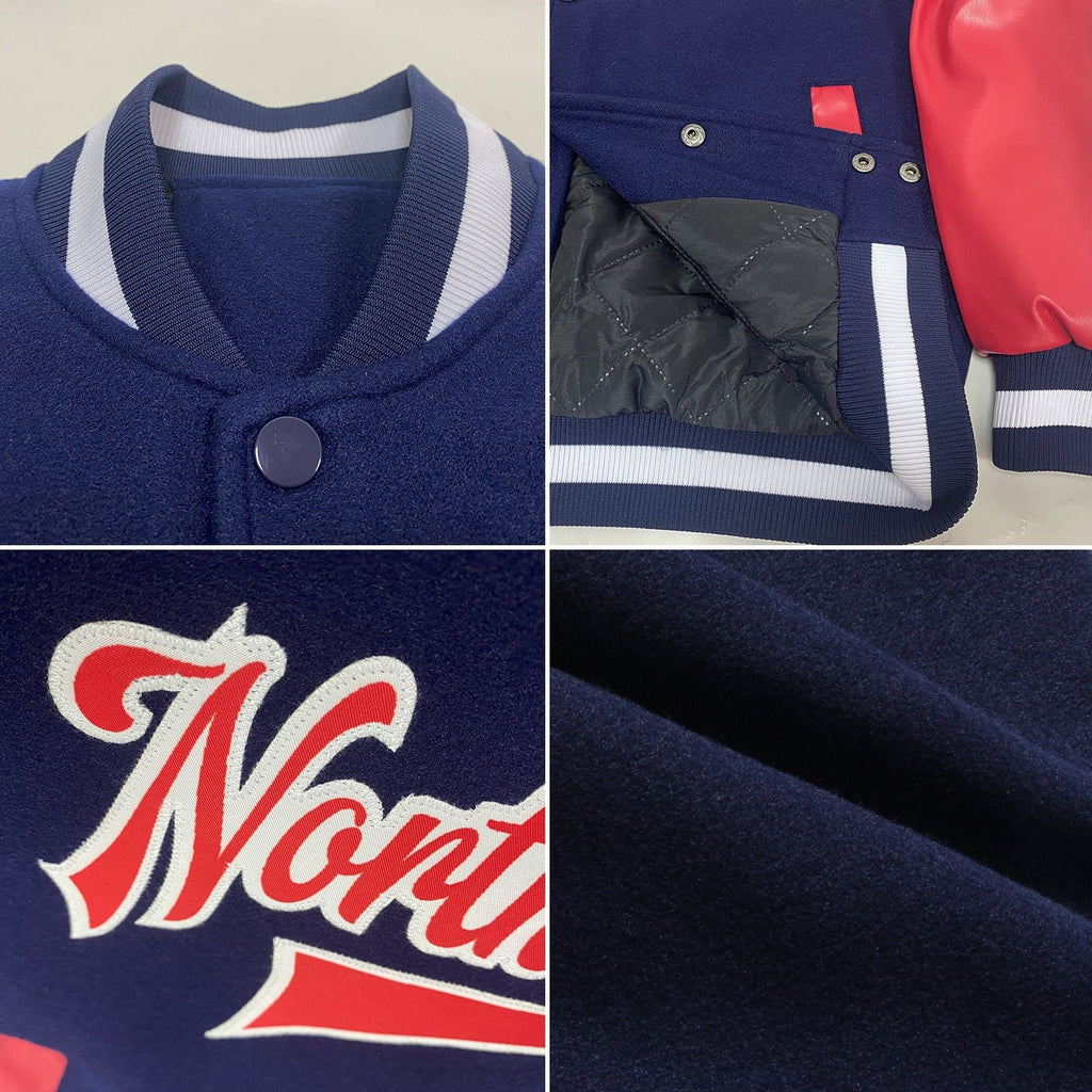 Custom Navy Red-White Bomber Full-Snap Varsity Letterman Two Tone Jacket photo 4