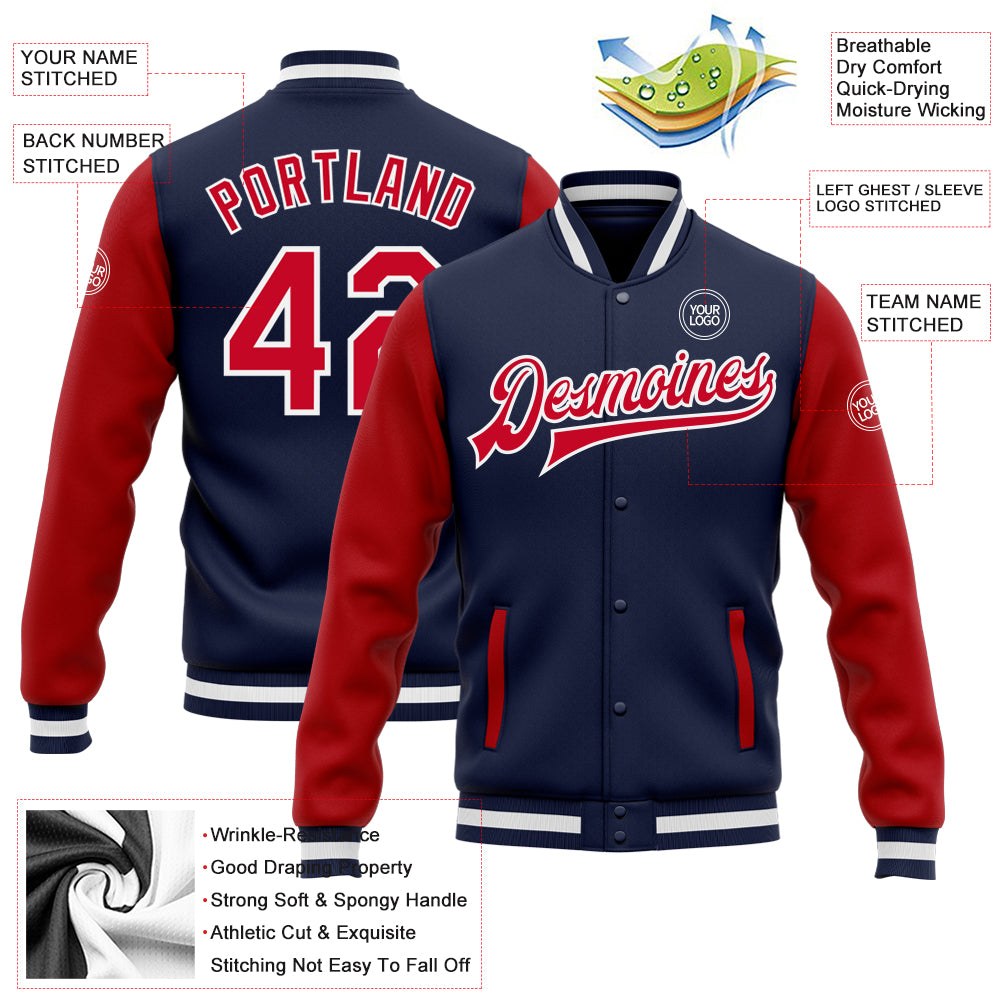 Custom Navy Red-White Bomber Full-Snap Varsity Letterman Two Tone Jacket photo 5