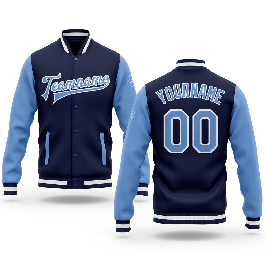 Custom Navy Light Blue-White Bomber Full-Snap Varsity Letterman Two Tone Jacket