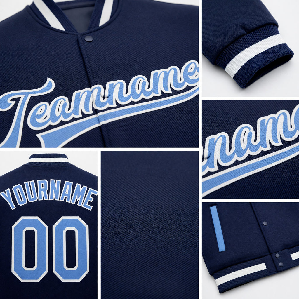 Custom Navy Light Blue-White Bomber Full-Snap Varsity Letterman Two Tone Jacket detail