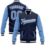 Custom Navy Light Blue-White Bomber Full-Snap Varsity Letterman Two Tone Jacket photo 1