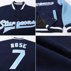 Custom Navy Light Blue-White Bomber Full-Snap Varsity Letterman Two Tone Jacket photo 4