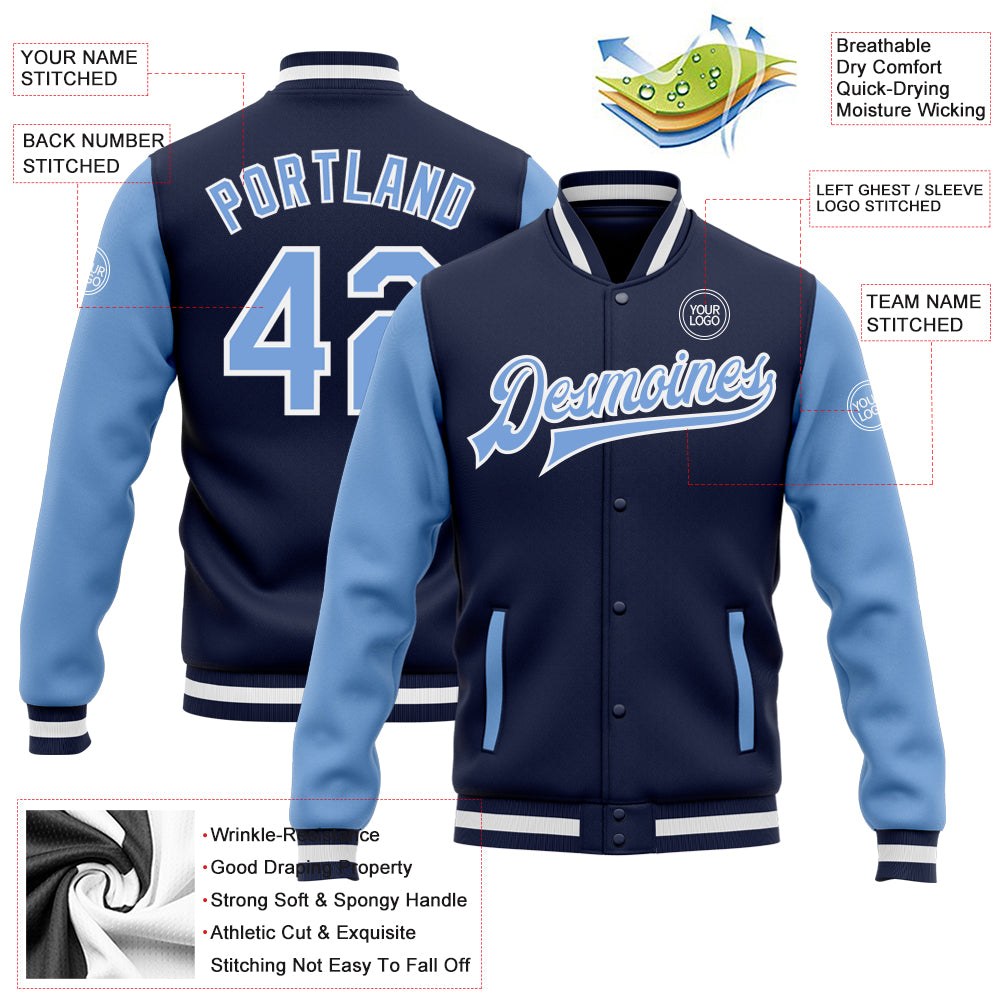 Custom Navy Light Blue-White Bomber Full-Snap Varsity Letterman Two Tone Jacket photo 5