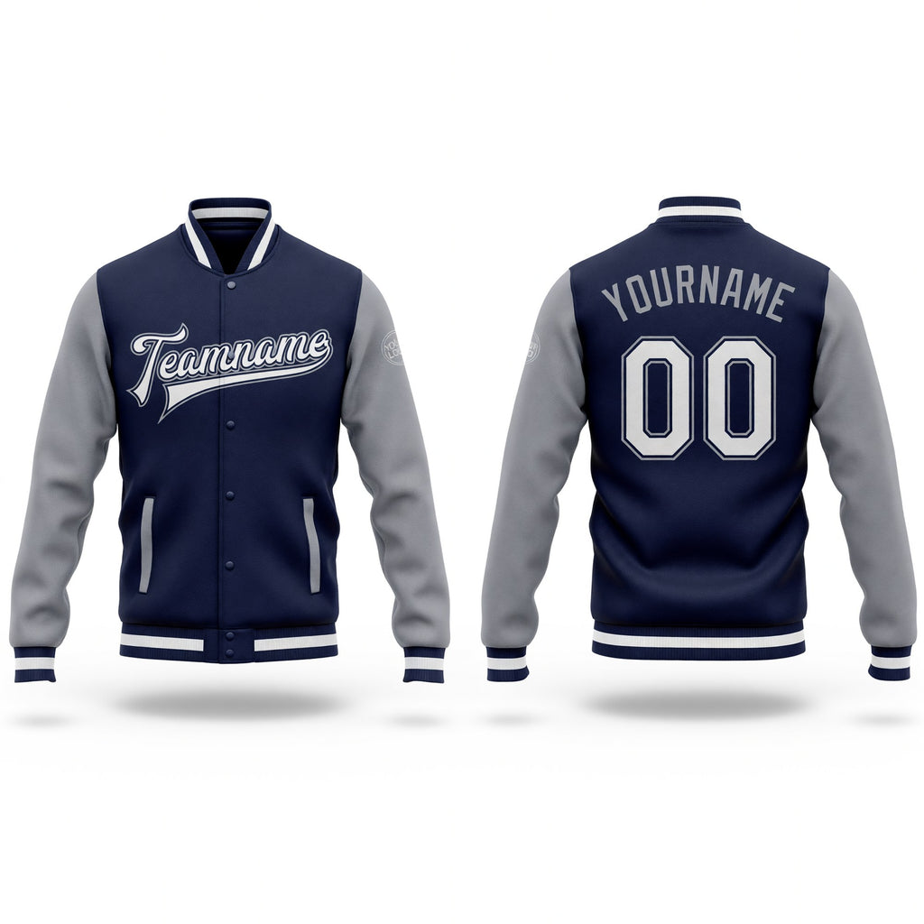 Custom Navy White-Gray Bomber Full-Snap Varsity Letterman Two Tone Jacket