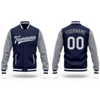Custom Navy White-Gray Bomber Full-Snap Varsity Letterman Two Tone Jacket