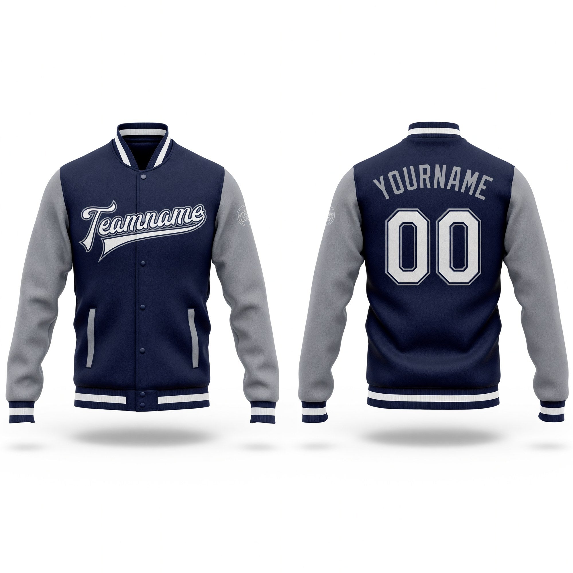 Custom Navy White-Gray Bomber Full-Snap Varsity Letterman Two Tone Jacket