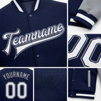 Custom Navy White-Gray Bomber Full-Snap Varsity Letterman Two Tone Jacket detail