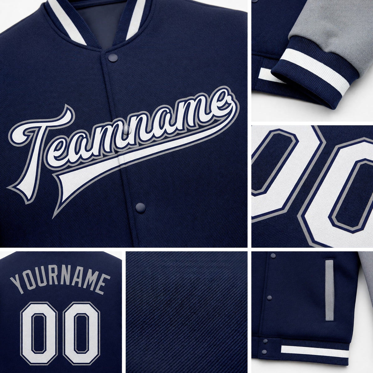 Custom Navy White-Gray Bomber Full-Snap Varsity Letterman Two Tone Jacket detail