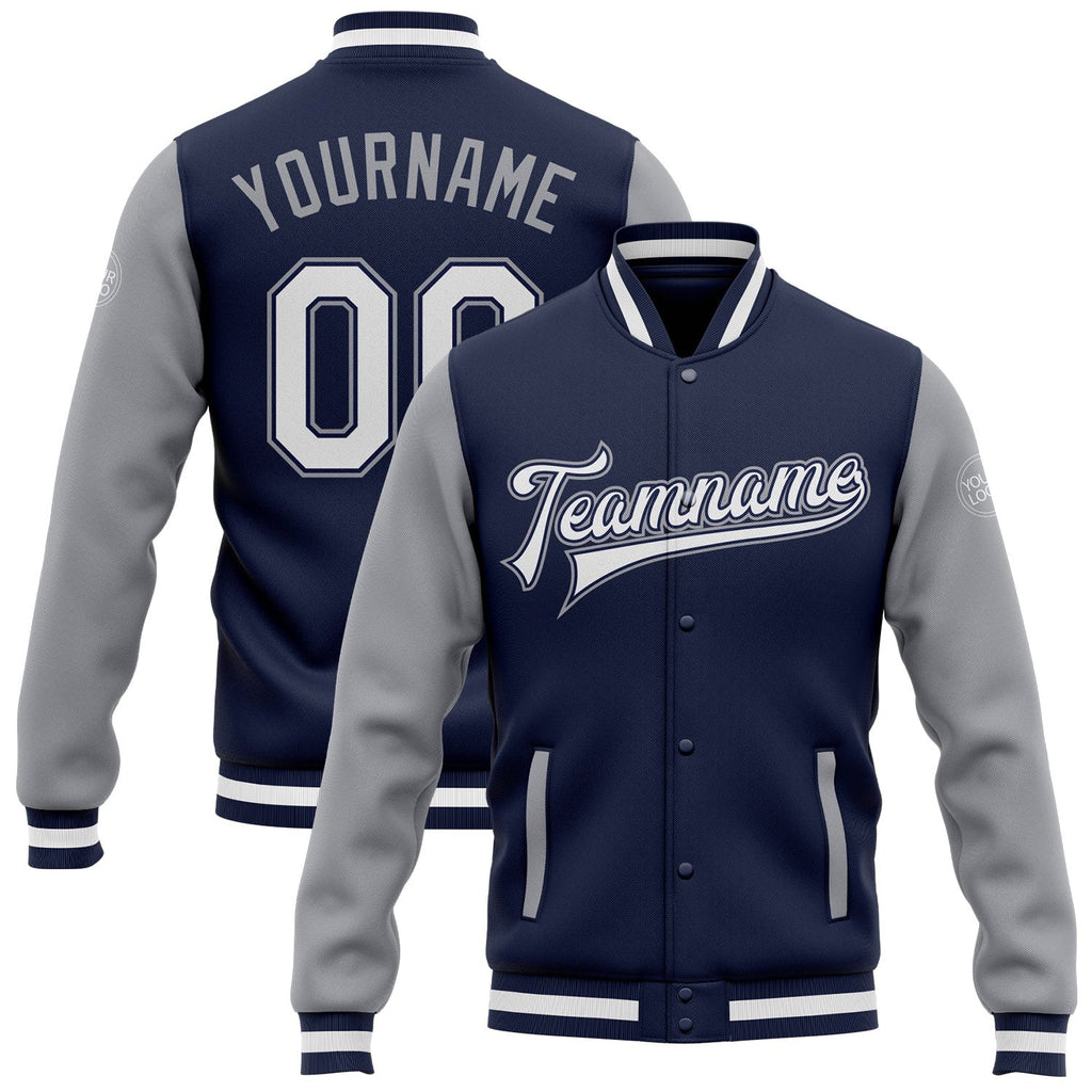 Custom Navy White-Gray Bomber Full-Snap Varsity Letterman Two Tone Jacket photo 1