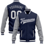 Custom Navy White-Gray Bomber Full-Snap Varsity Letterman Two Tone Jacket photo 1