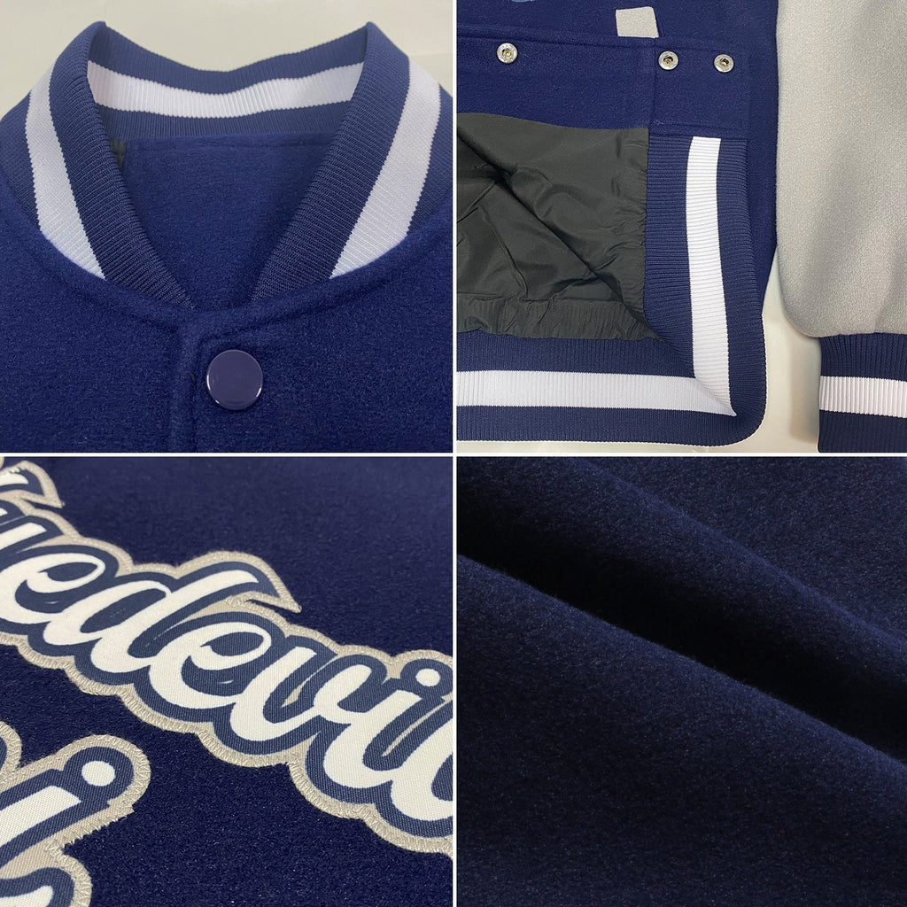 Custom Navy White-Gray Bomber Full-Snap Varsity Letterman Two Tone Jacket photo 4