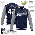 Custom Navy White-Gray Bomber Full-Snap Varsity Letterman Two Tone Jacket photo 5