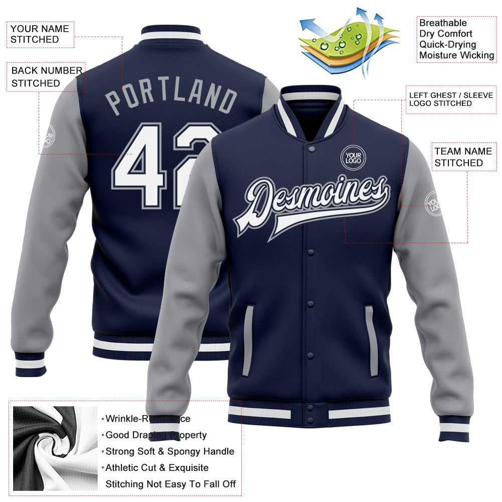 Custom Navy White-Gray Bomber Full-Snap Varsity Letterman Two Tone Jacket photo 5