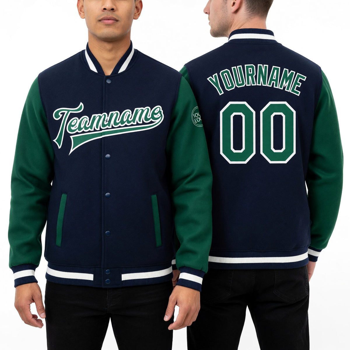 Custom Navy Kelly Green-White Bomber Full-Snap Varsity Letterman Two Tone Jacket worn front and back