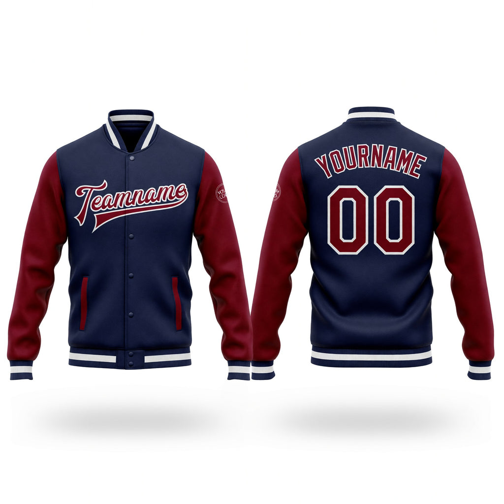 Custom Navy Crimson-White Bomber Full-Snap Varsity Letterman Two Tone Jacket