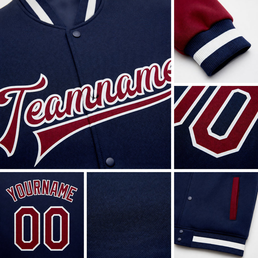 Custom Navy Crimson-White Bomber Full-Snap Varsity Letterman Two Tone Jacket detail