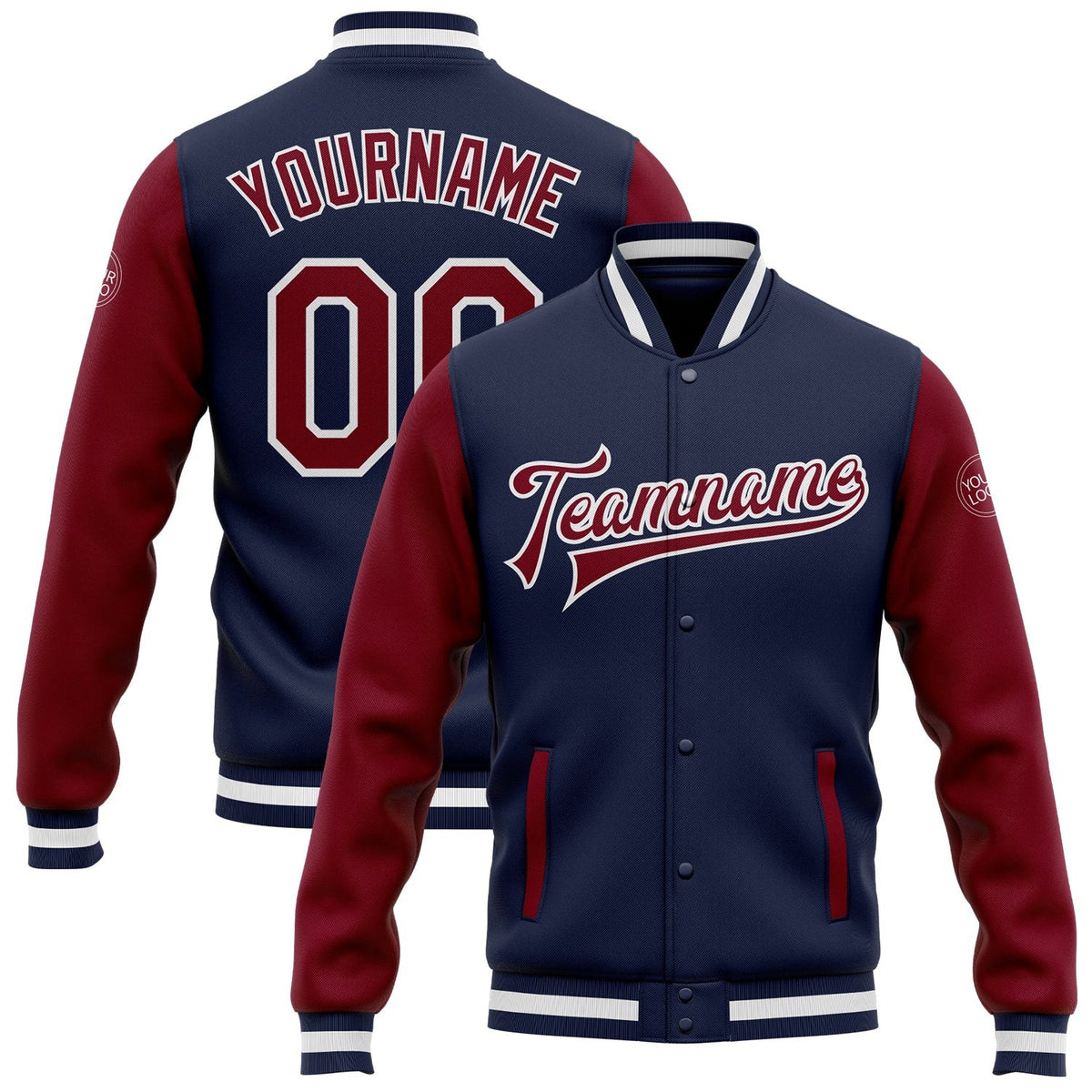 Custom Navy Crimson-White Bomber Full-Snap Varsity Letterman Two Tone Jacket photo 1