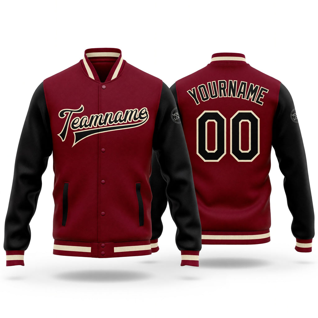 Custom Crimson Black-Cream Bomber Full-Snap Varsity Letterman Two Tone Jacket