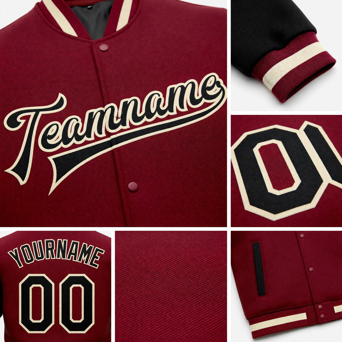 Custom Crimson Black-Cream Bomber Full-Snap Varsity Letterman Two Tone Jacket detail