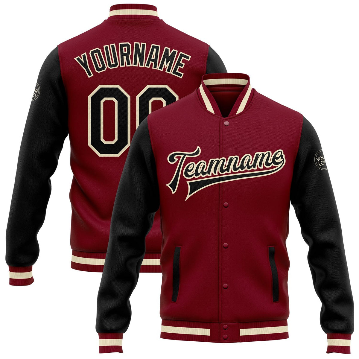 Custom Crimson Black-Cream Bomber Full-Snap Varsity Letterman Two Tone Jacket photo 1