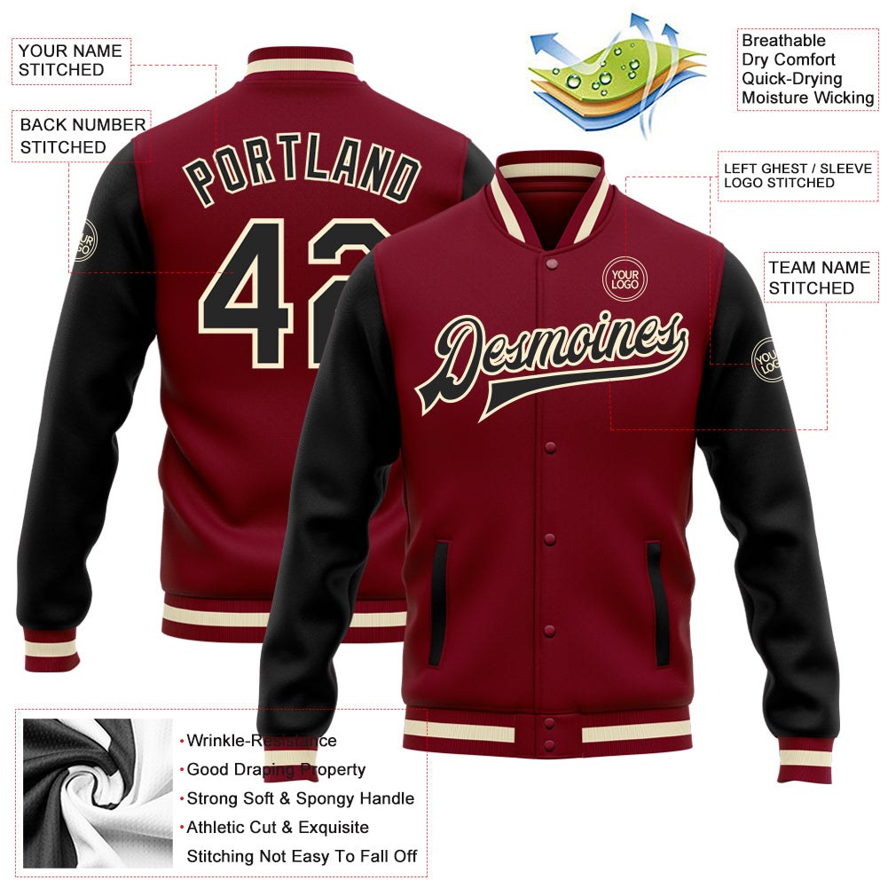 Custom Crimson Black-Cream Bomber Full-Snap Varsity Letterman Two Tone Jacket photo 5
