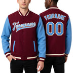 Custom Crimson Light Blue-Cream Bomber Full-Snap Varsity Letterman Two Tone Jacket worn front and back