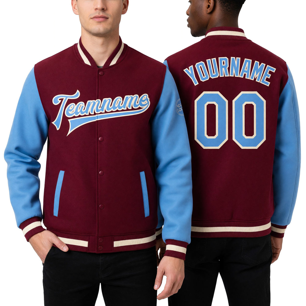 Custom Crimson Light Blue-Cream Bomber Full-Snap Varsity Letterman Two Tone Jacket worn front and back