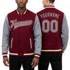 Custom Crimson Gray-Cream Bomber Full-Snap Varsity Letterman Two Tone Jacket worn front and back