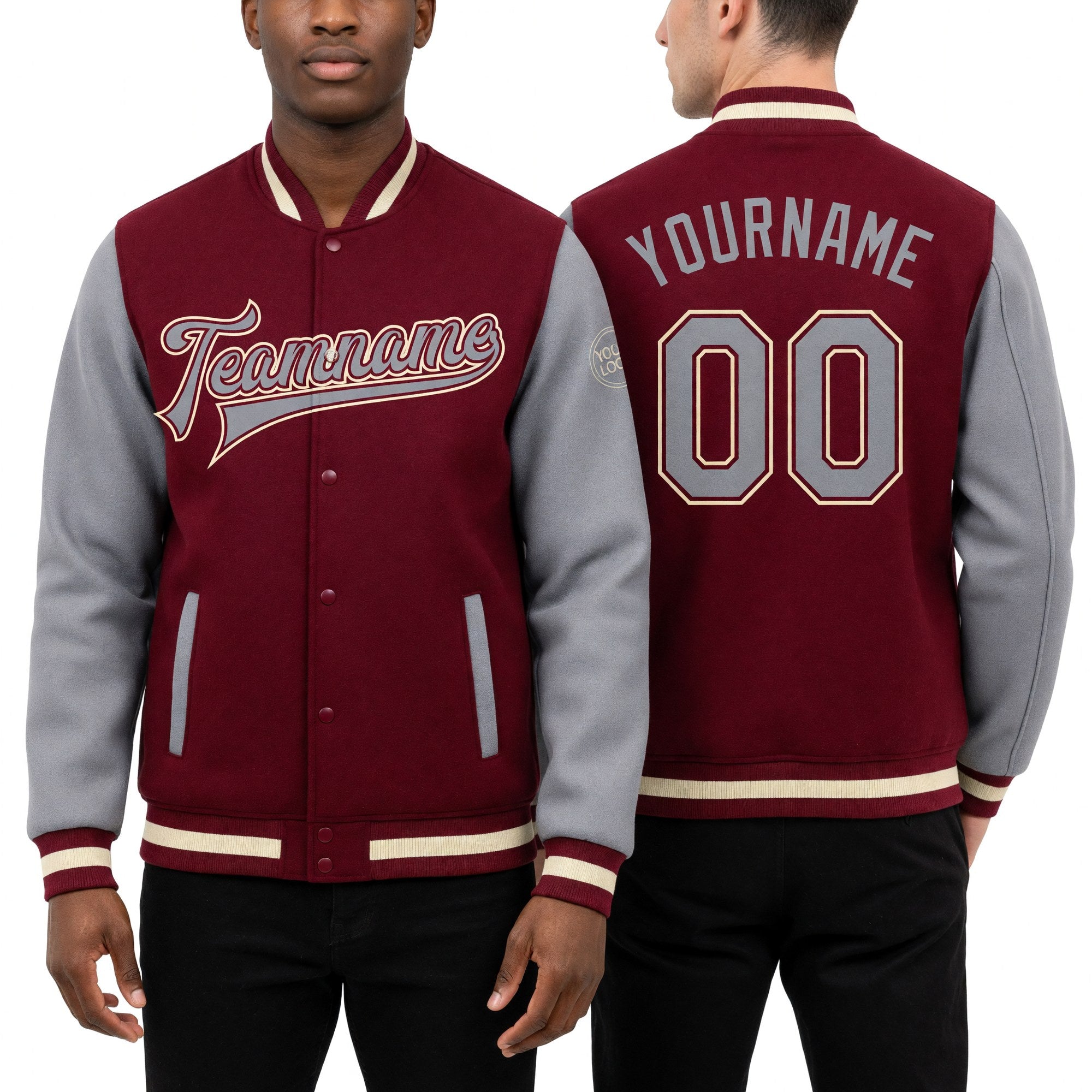 Custom Crimson Gray-Cream Bomber Full-Snap Varsity Letterman Two Tone Jacket worn front and back