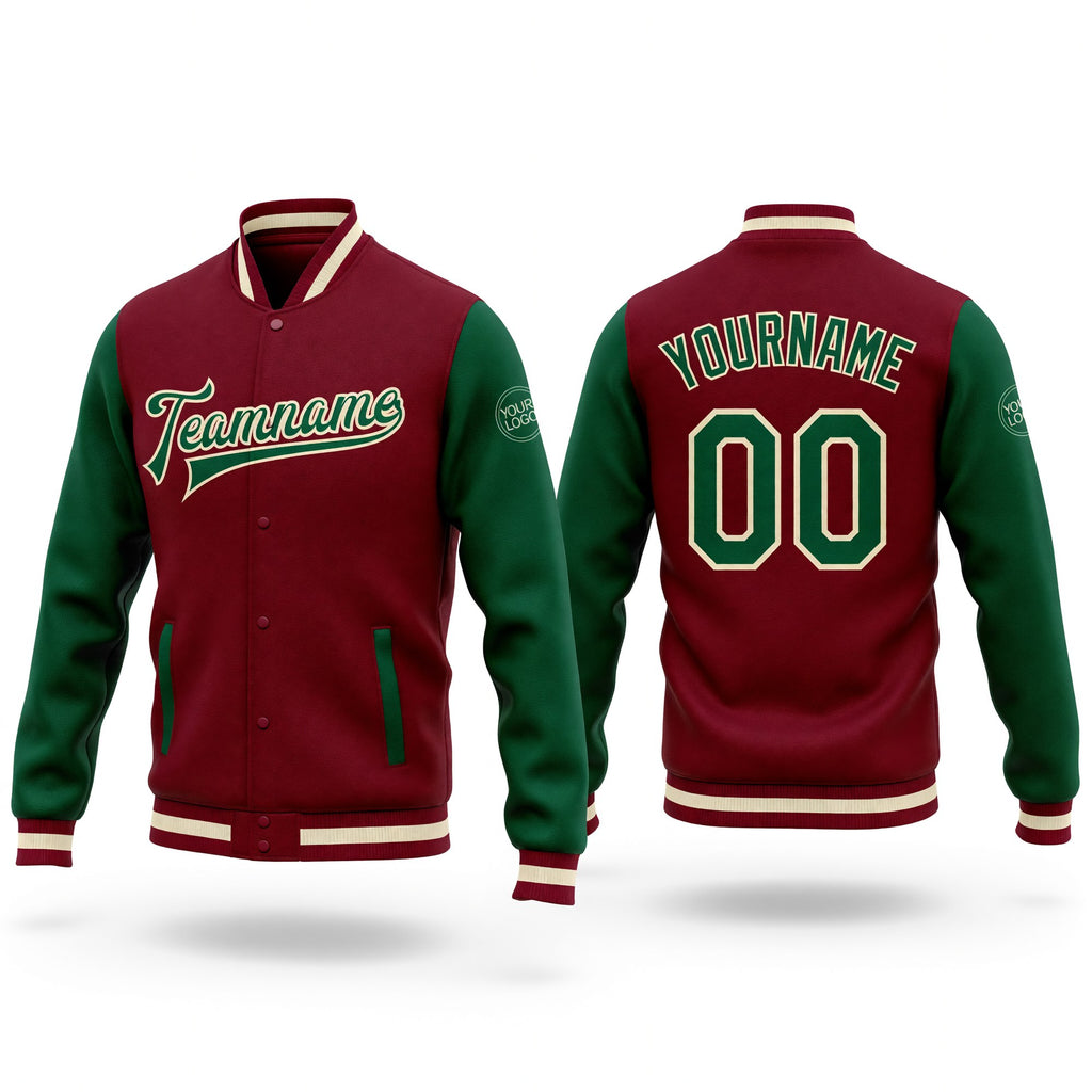 Custom Crimson Kelly Green-Cream Bomber Full-Snap Varsity Letterman Two Tone Jacket