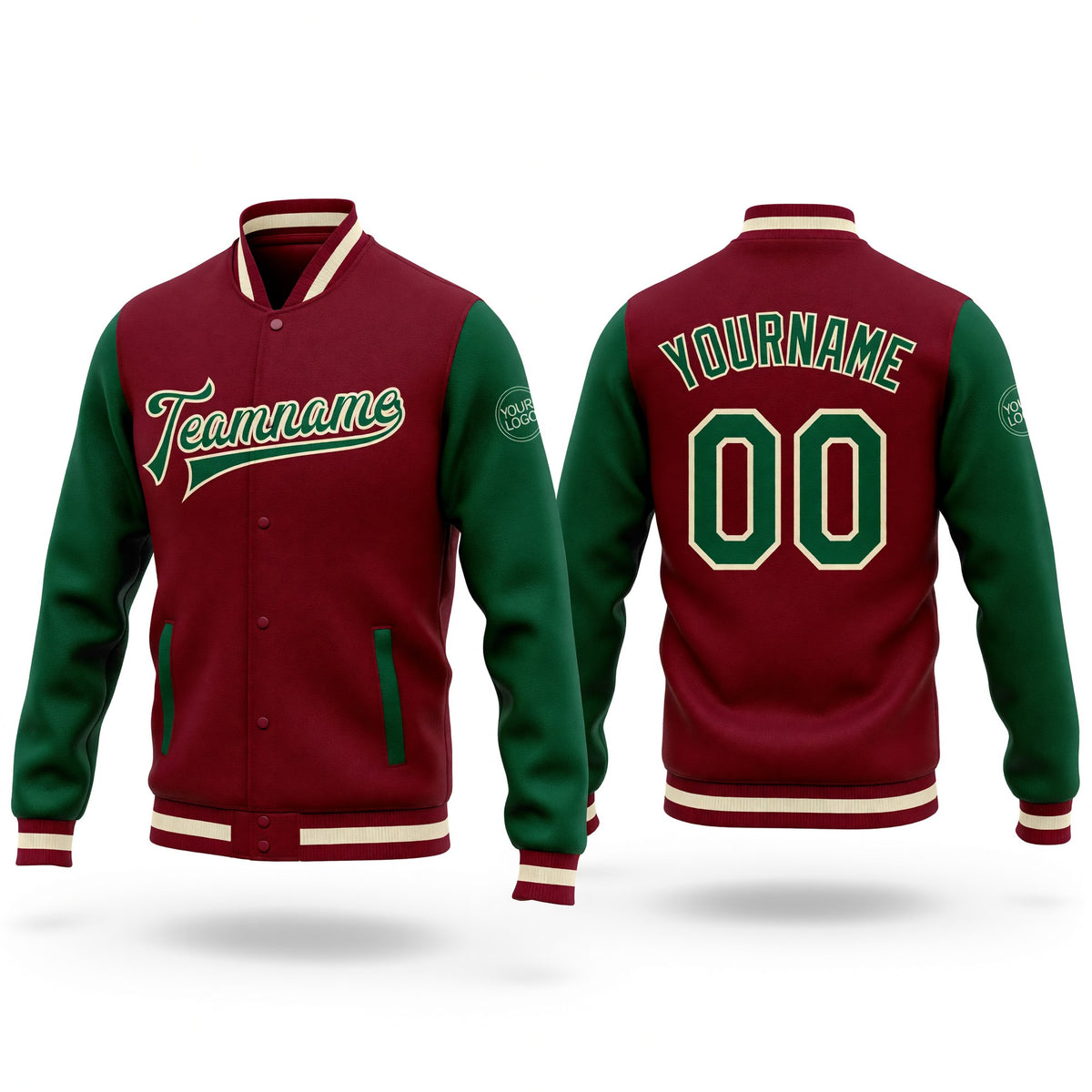 Custom Crimson Kelly Green-Cream Bomber Full-Snap Varsity Letterman Two Tone Jacket