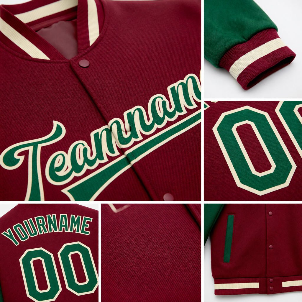 Custom Crimson Kelly Green-Cream Bomber Full-Snap Varsity Letterman Two Tone Jacket detail