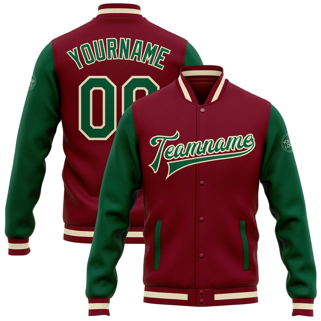 Custom Crimson Kelly Green-Cream Bomber Full-Snap Varsity Letterman Two Tone Jacket photo 1