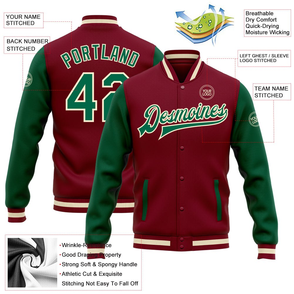 Custom Crimson Kelly Green-Cream Bomber Full-Snap Varsity Letterman Two Tone Jacket photo 5