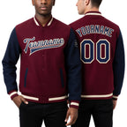 Custom Crimson Navy-Cream Bomber Full-Snap Varsity Letterman Two Tone Jacket worn front and back