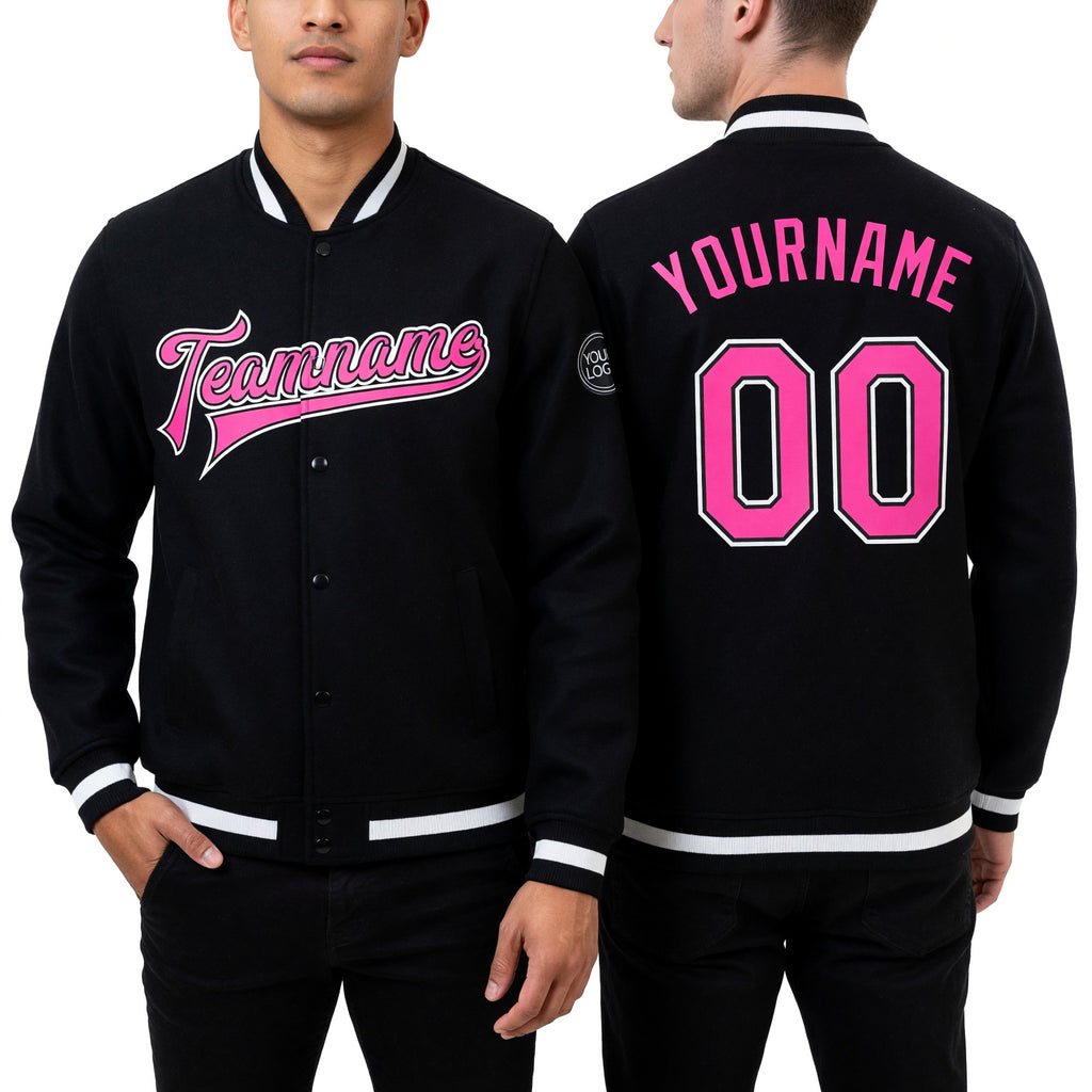 Custom Black Pink-White Bomber Full-Snap Varsity Letterman Jacket worn front and back