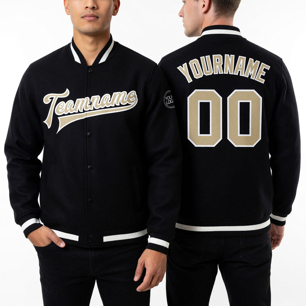 Custom Black Vegas Gold-White Bomber Full-Snap Varsity Letterman Jacket worn front and back